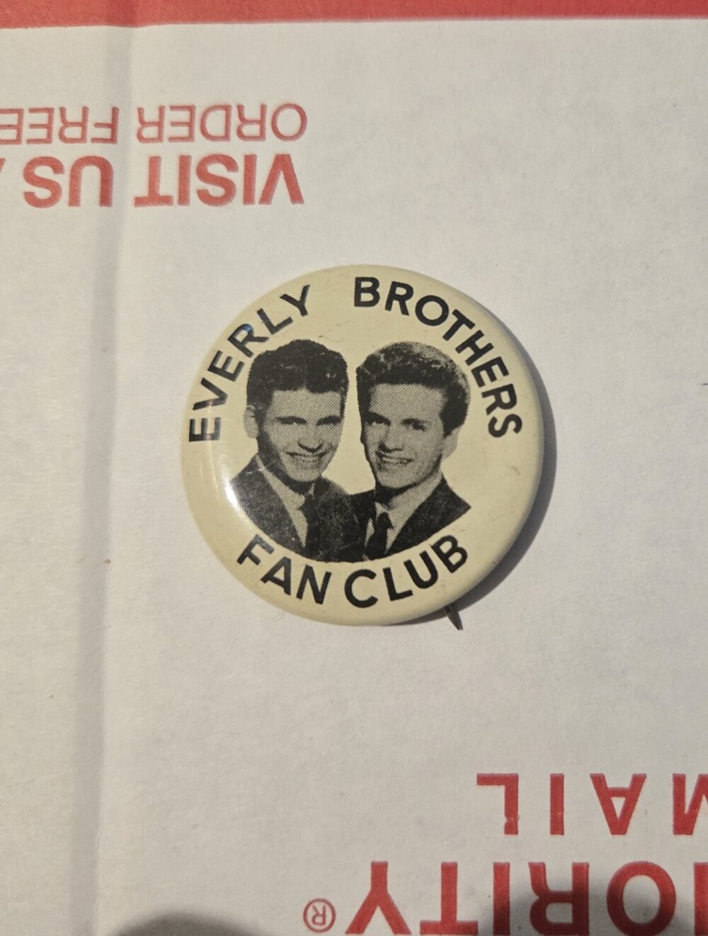 American Vintage Cream and Black Everly Brothers Fan Club Pin